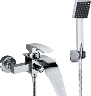 "ROSA" | Rubinetto per vasca a cascata doccia cromata| in acciaio inox con doccetta e supporto Set completo termostato vasca con rubinetto miscelatore