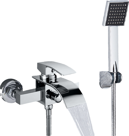 "ROSA" | Rubinetto per vasca a cascata doccia cromata| in acciaio inox con doccetta e supporto Set completo termostato vasca con rubinetto miscelatore