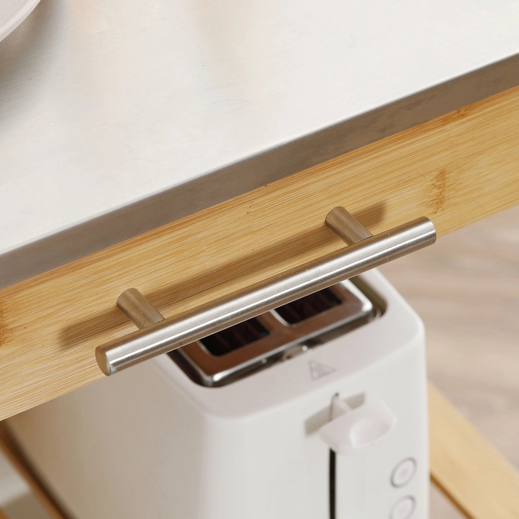 Carrello da Cucina con Piano in Acciaio Inox Cassetto e Mensole a Doghe in Bambù