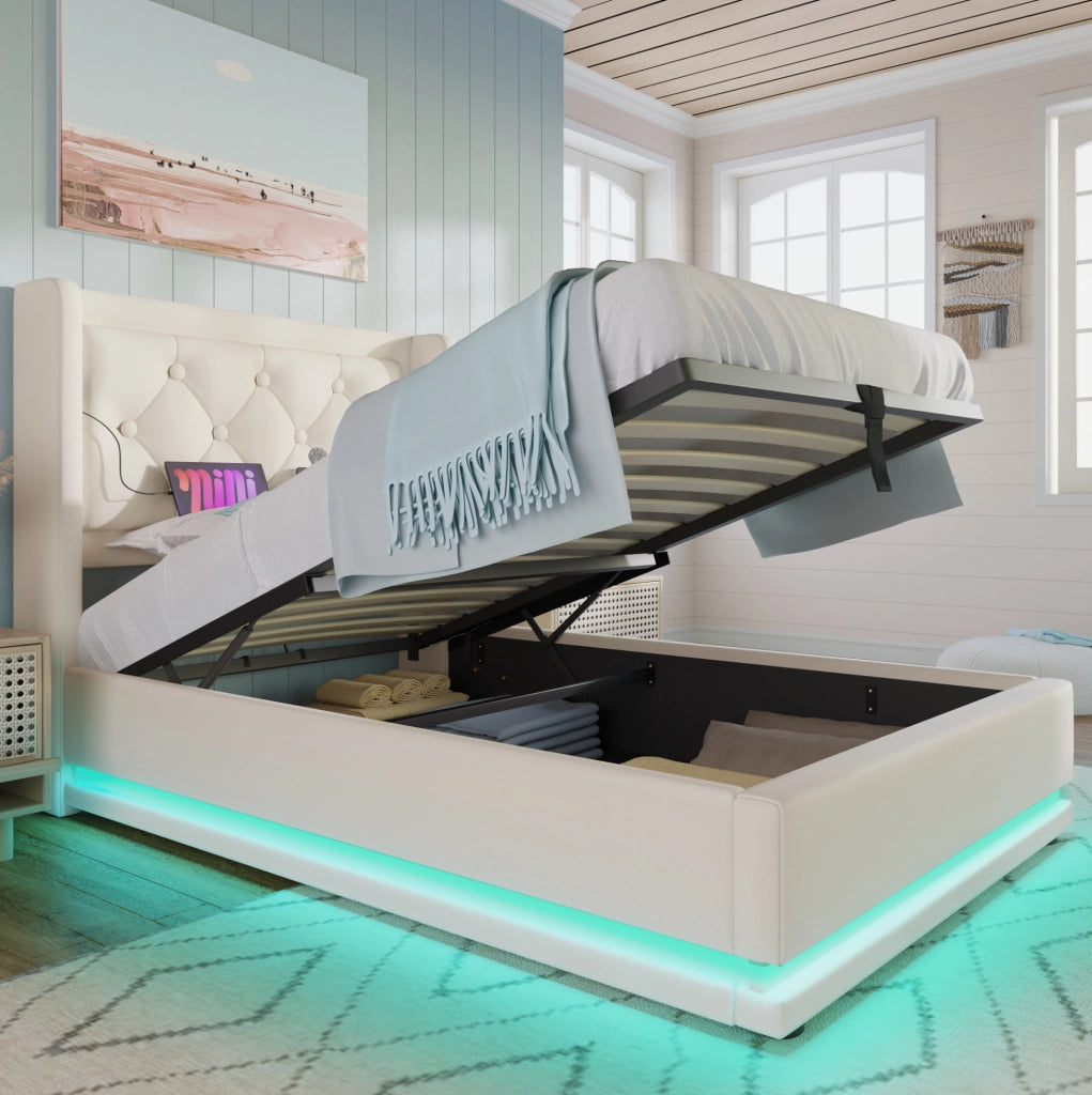 Letto singolo imbottito con contenitore 90x200 cm in PU bianco; LED e USB Type-C
