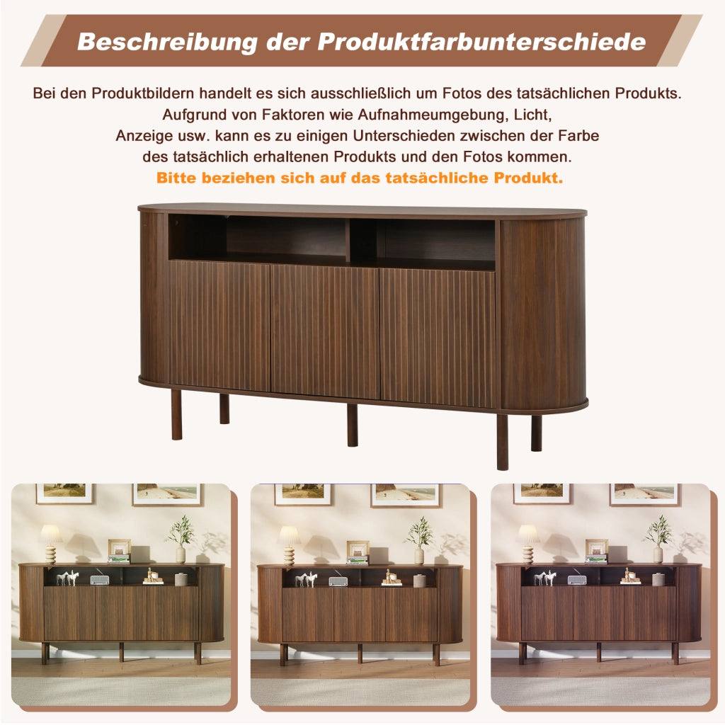 Credenza e madia con 3 ante a onde e 2 vani aperti, per soggiorno, in truciolare, noce, 160 × 40 × 78,5 cm