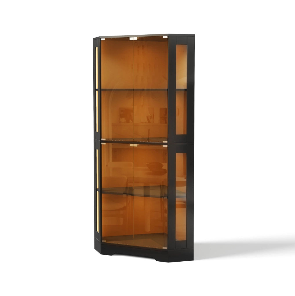 Vetrina angolare con LED RGB 40x40x165 cm; in MDF nero; con ante in vetro temperato