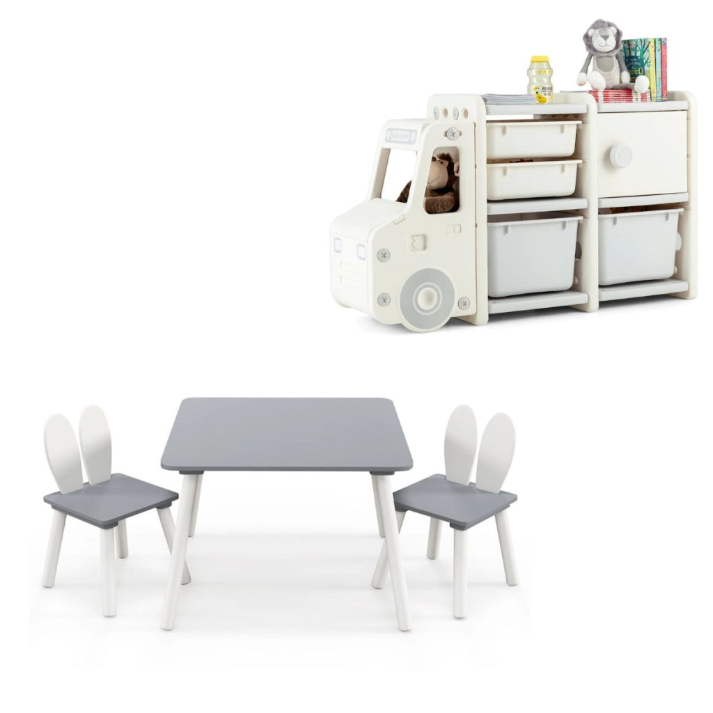 Set tavolo sedie per bambini 3 pezzi per arte e organizer per giocattoli, Tavolo e 2 sedie a coniglio gambe e scaffale multilivello-Per i bambini