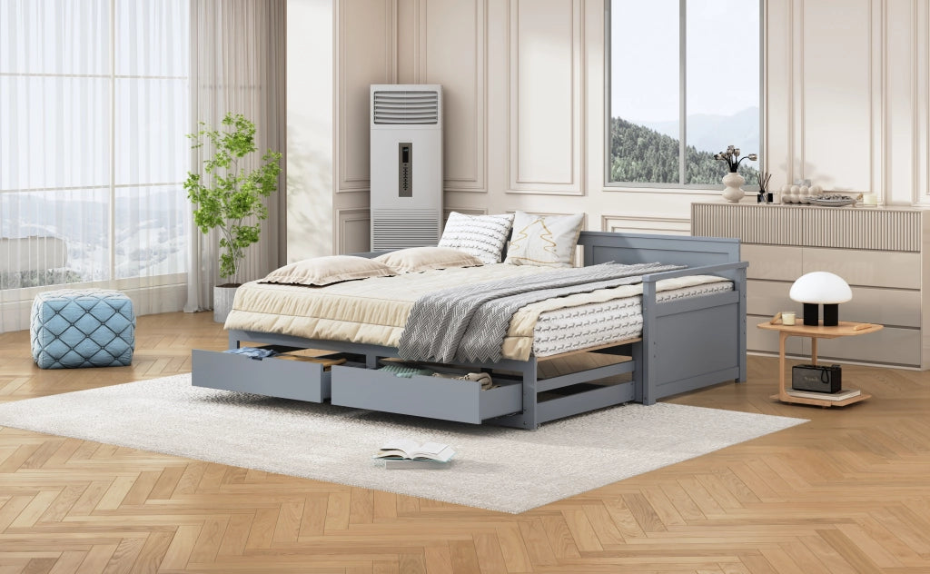 DESMIU Divano letto 90 × 190 cm e 180 × 190 cm con cassetti, letto estraibile, senza materasso, grigio