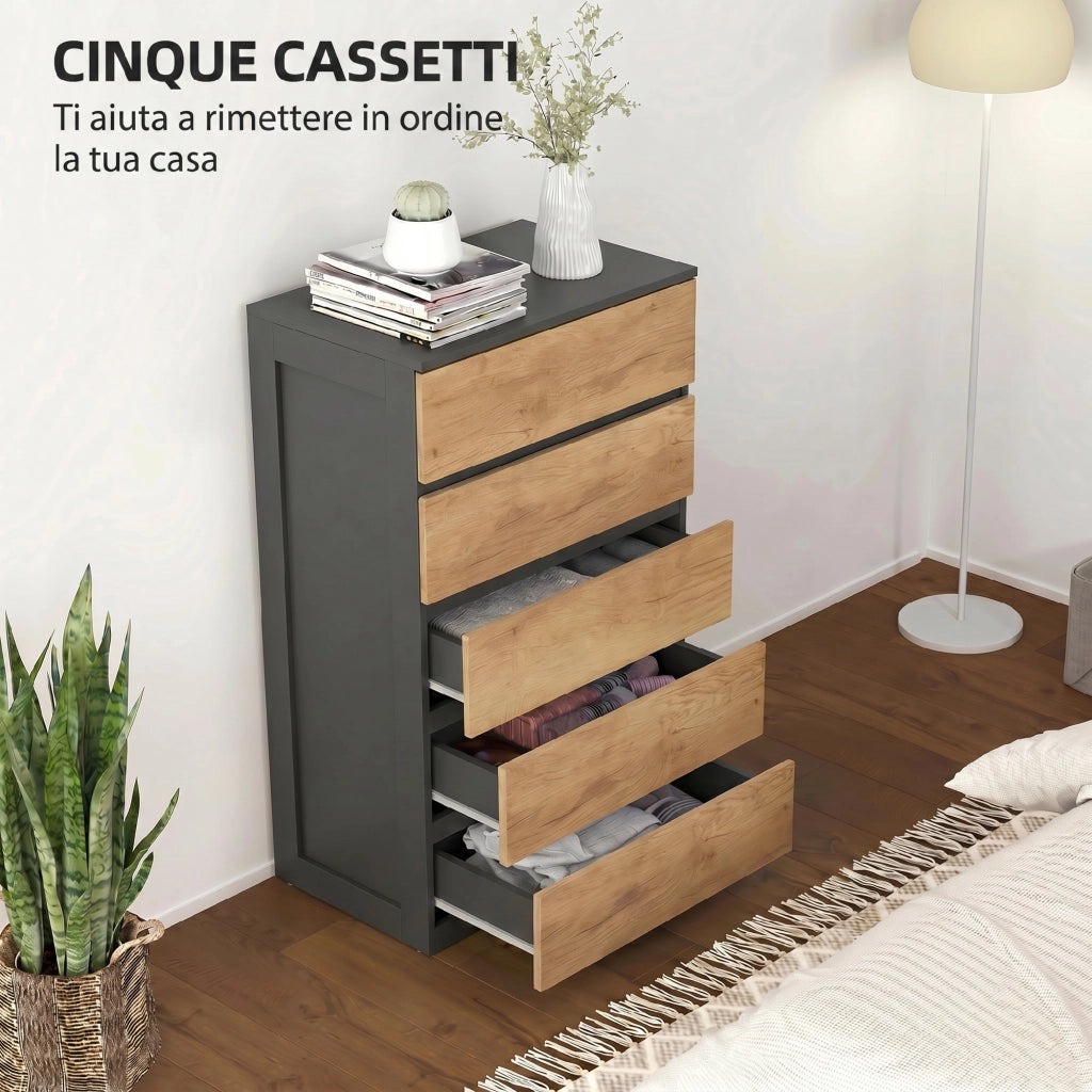 Cassettiera 5 Cassetti 60x39x100 cm con Guide in Metallo e Maniglie Scanalate in Legno Nero e Rovere