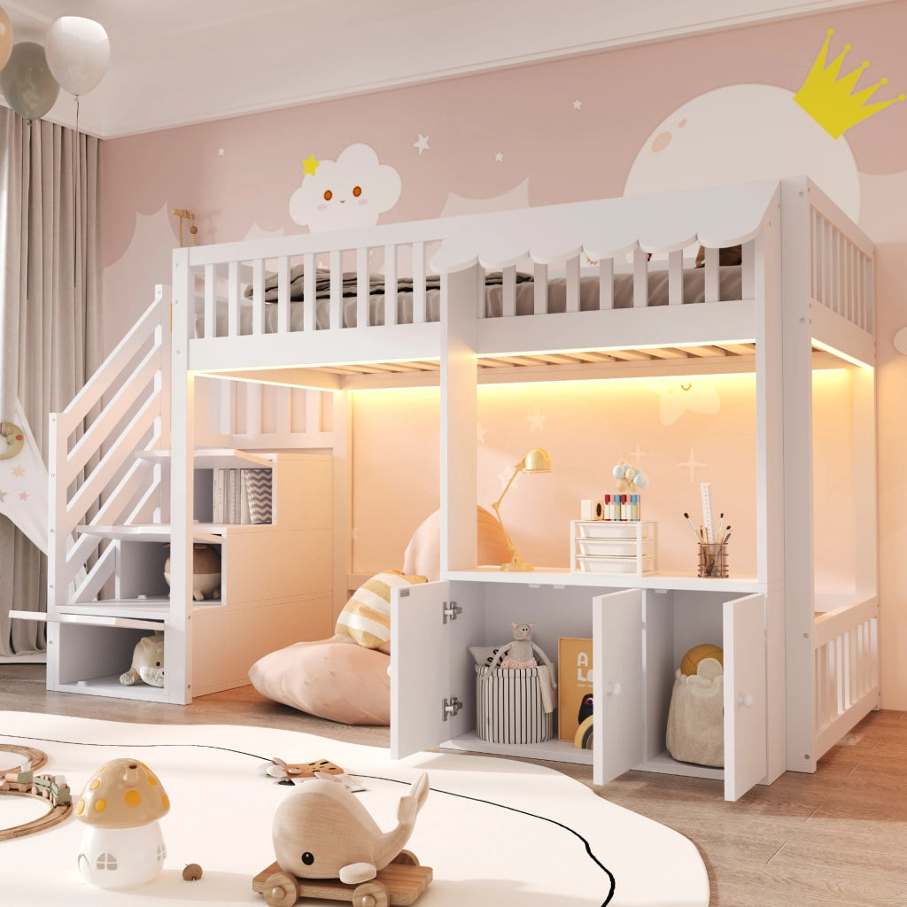 Letto a soppalco multifunzione con scala contenitore e luce LED integrata