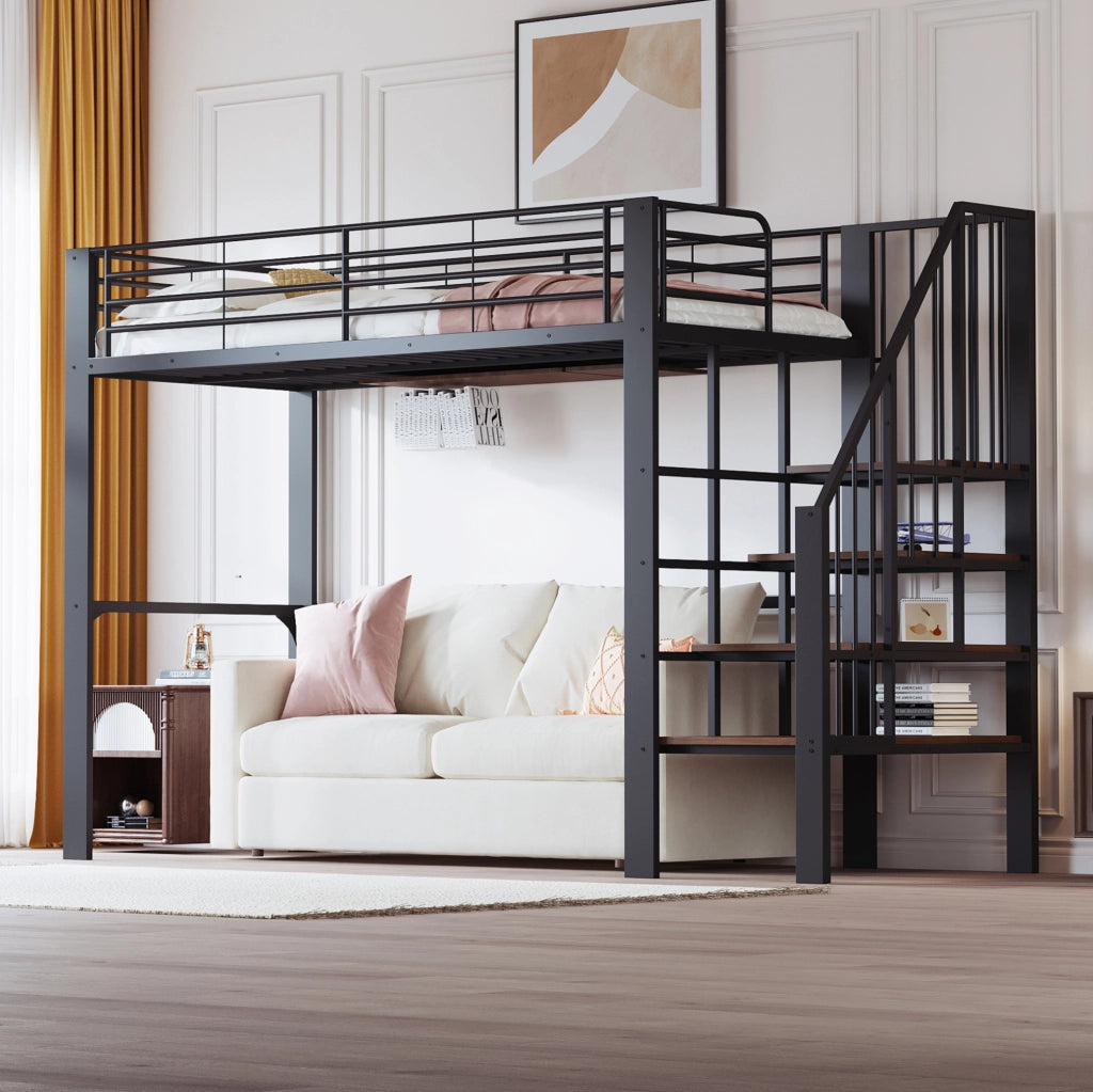 Letto a soppalco 90x200 cm in metallo e legno con scala e vano contenitore; nero