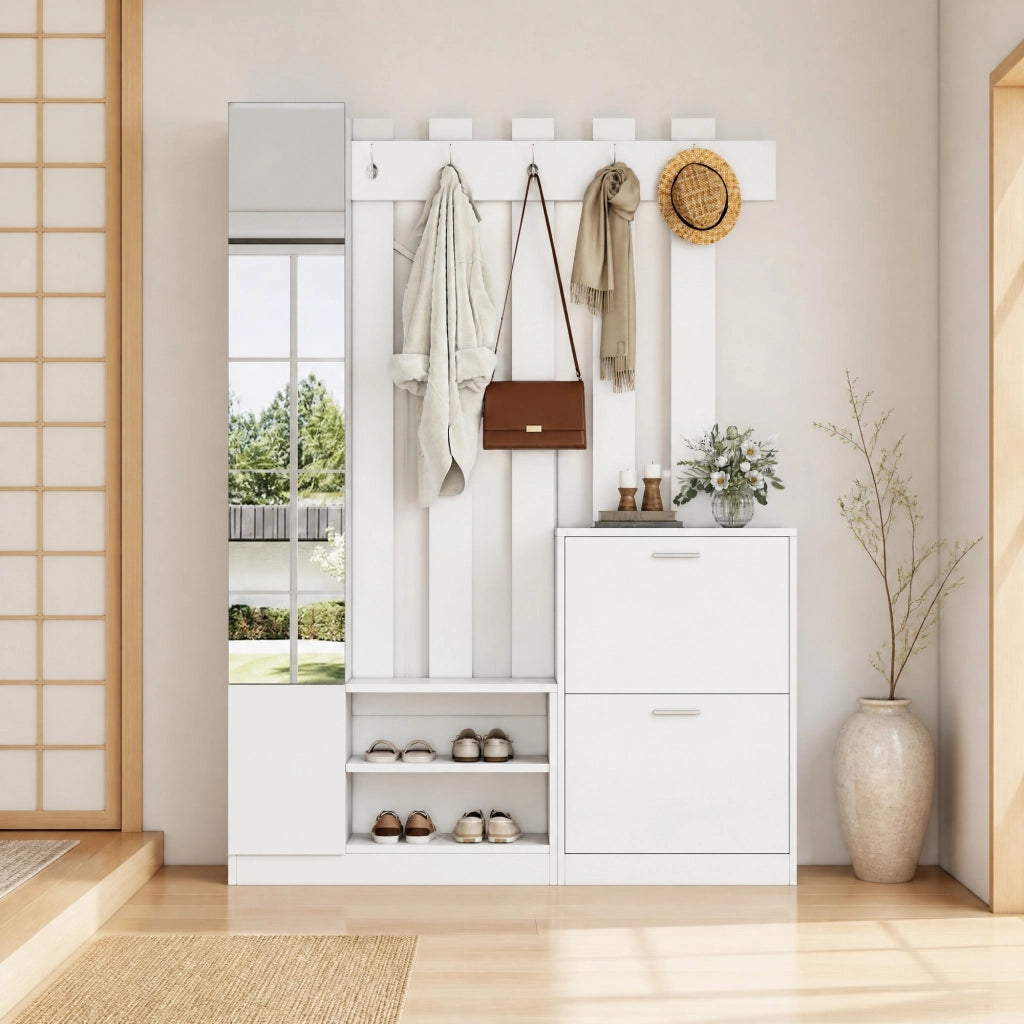 Set ingresso con specchio 135 x 25 x 180 cm, scarpiera salvaspazio con 2 scarpiere a ribalta, vani portaoggetti e 5 ganci, bianco