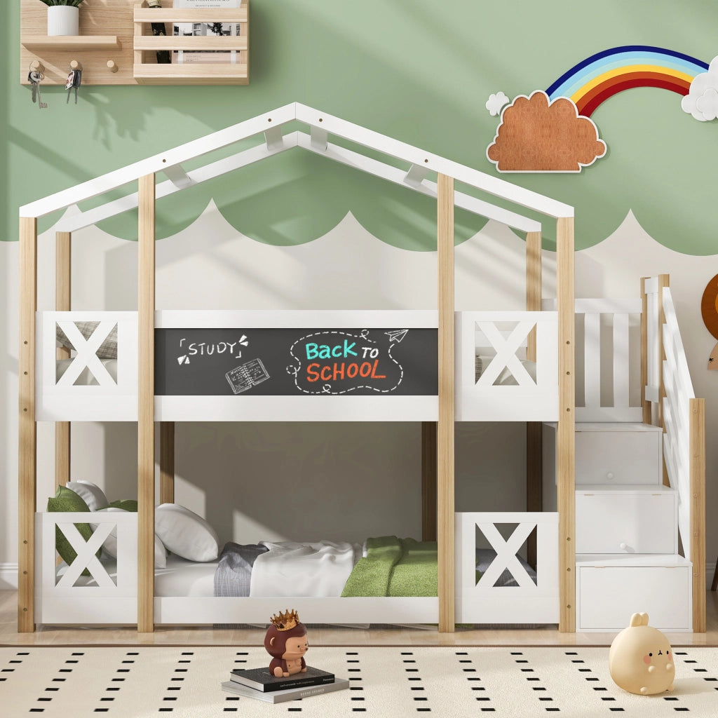 Letto a Castello 90×200 cm; Letto Singolo con Scala Contenitore; Lavagna e Sponde; senza Materasso