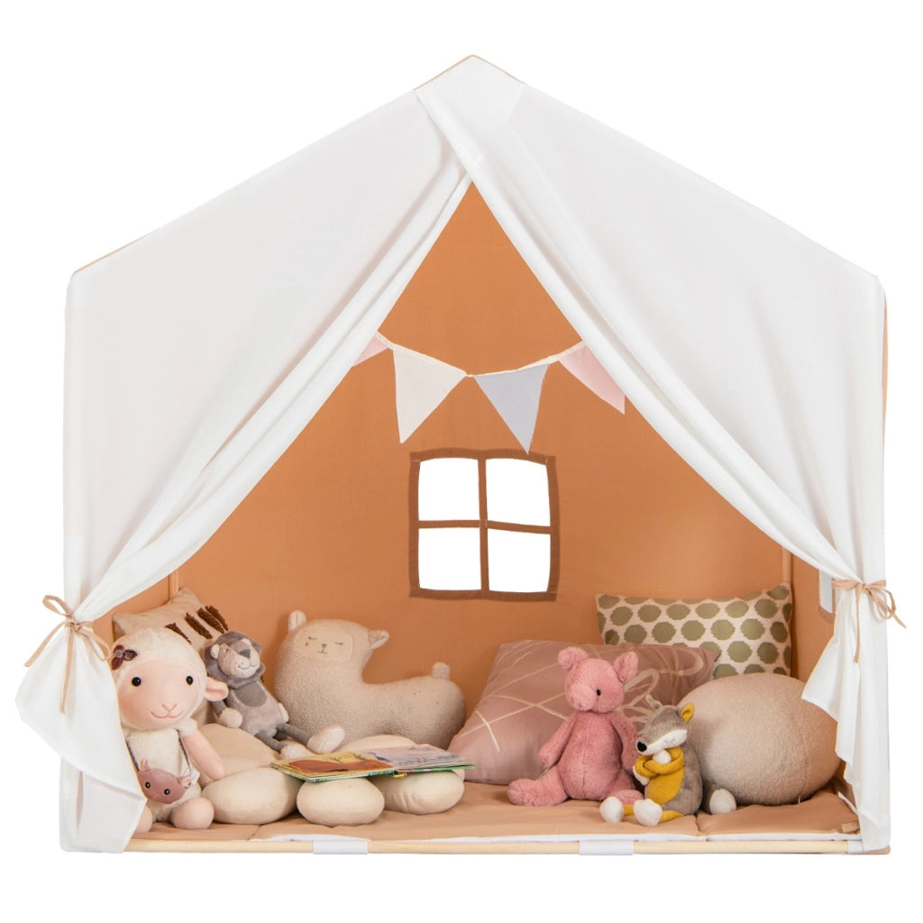Tenda gioco per bambini con tappetino lavabile e bandiera, Tenda con finestre struttura in legno Marrone-Tende e Casette per bambini