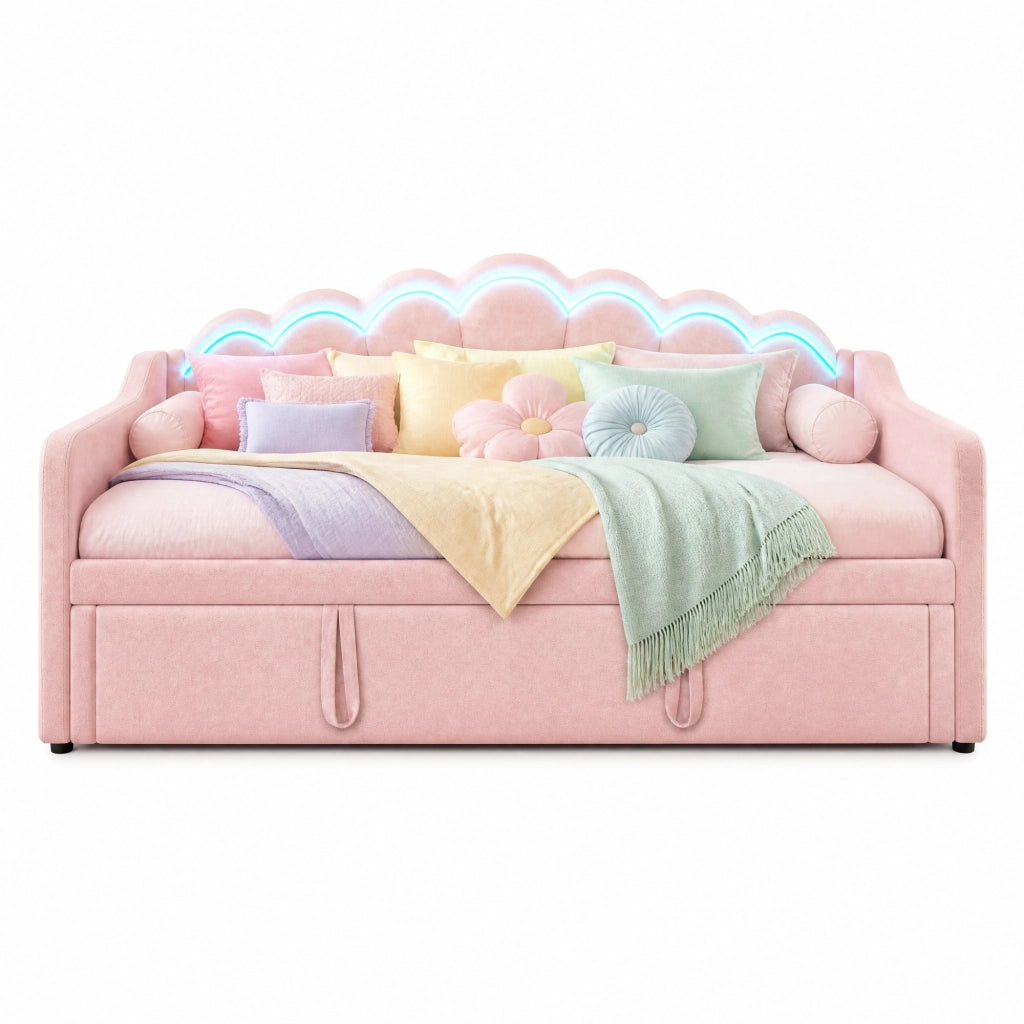 Tagesbett con letto estraibile, letto singolo/divano letto in velluto rosa 90x200 cm (180x200 cm) con LED, senza materasso