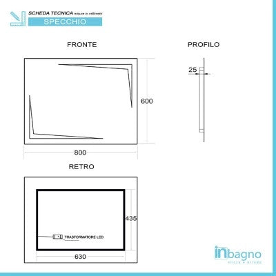 Specchio bagno 80x60 cm reversibile con LED naturale agli angoli
