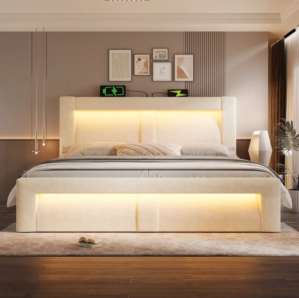 Letto matrimoniale 140x200 con contenitore LED USB-C beige