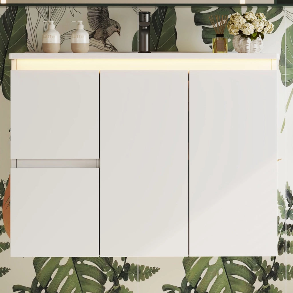 Mobile sottolavabo con 2 cassetti e lavabo integrato, LED a sensore radar, per bagno, in MDF e ceramica, bianco, 76 × 47 × 57 cm
