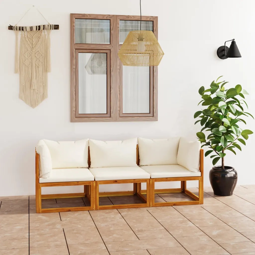 Divano da Giardino a 3 Posti con Cuscino-Sofa da Giardino-Divano da esterno Crema Massello Acacia