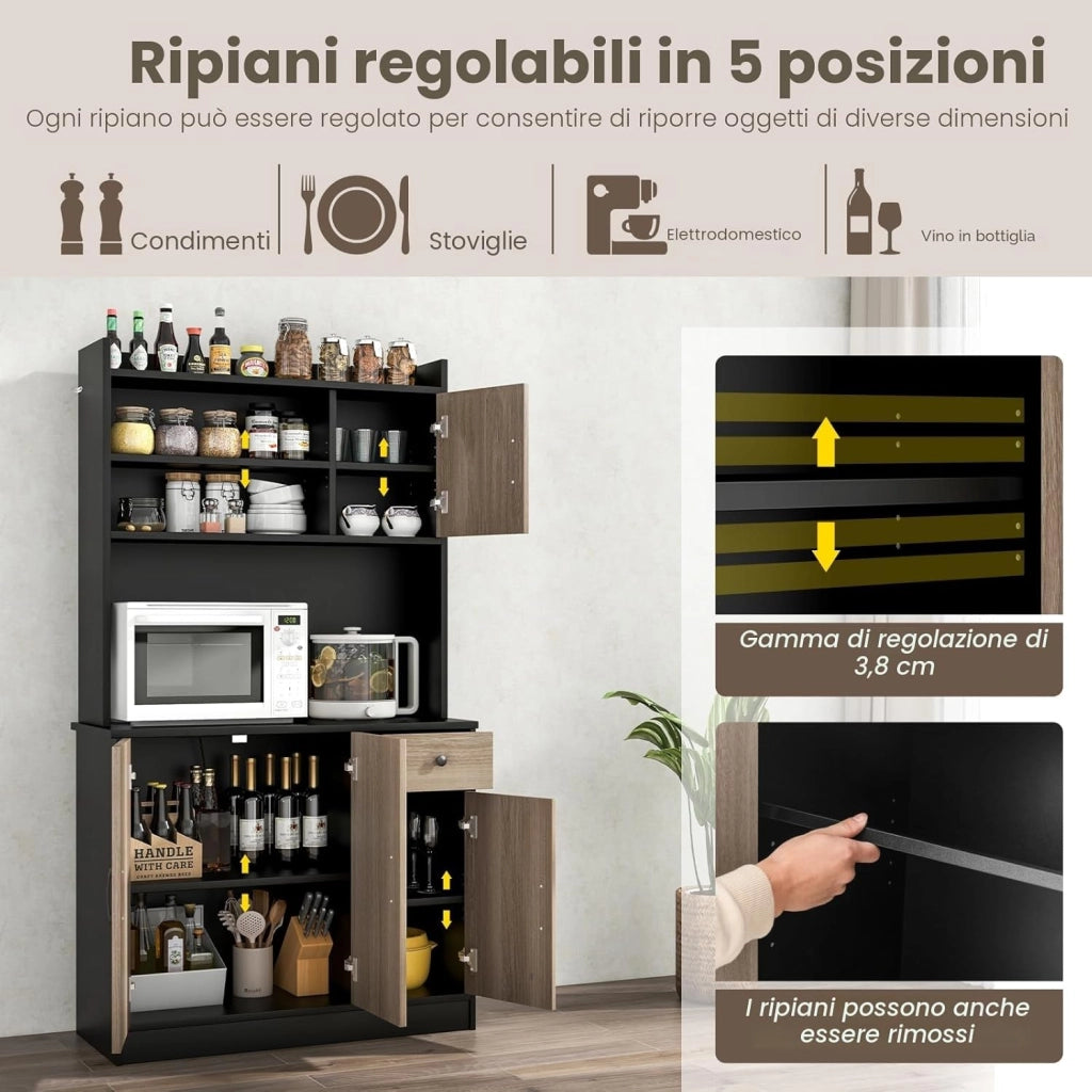 Credenza Alta da Cucina 180 cm, Mobile Cucina Dispensa con Fori per Cavi, Mobile Buffet con 4 Ripiani Regolabili, 3 Armadi, per Soggiorno, Sala da Pranzo, 100 x 40 x 180 cm (Nero)