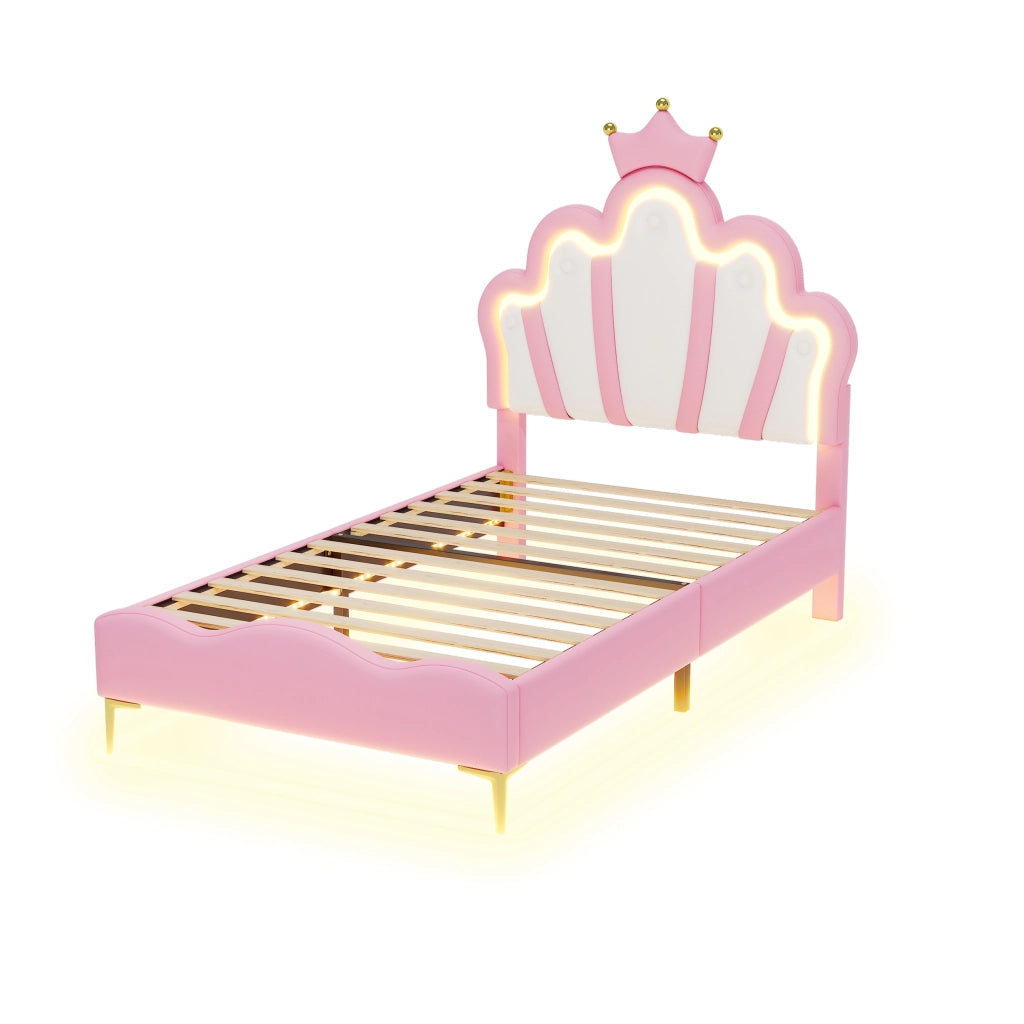 OKWISH Letto Bambini 90×200 cm, Letto Singolo con Corona, LED Regolabile e Testiera Imbottita, senza Materasso, PU, Rosa
