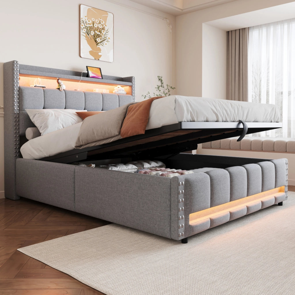Letto imbottito 140x200 cm grigio chiaro, struttura in legno e metallo con LED e USB