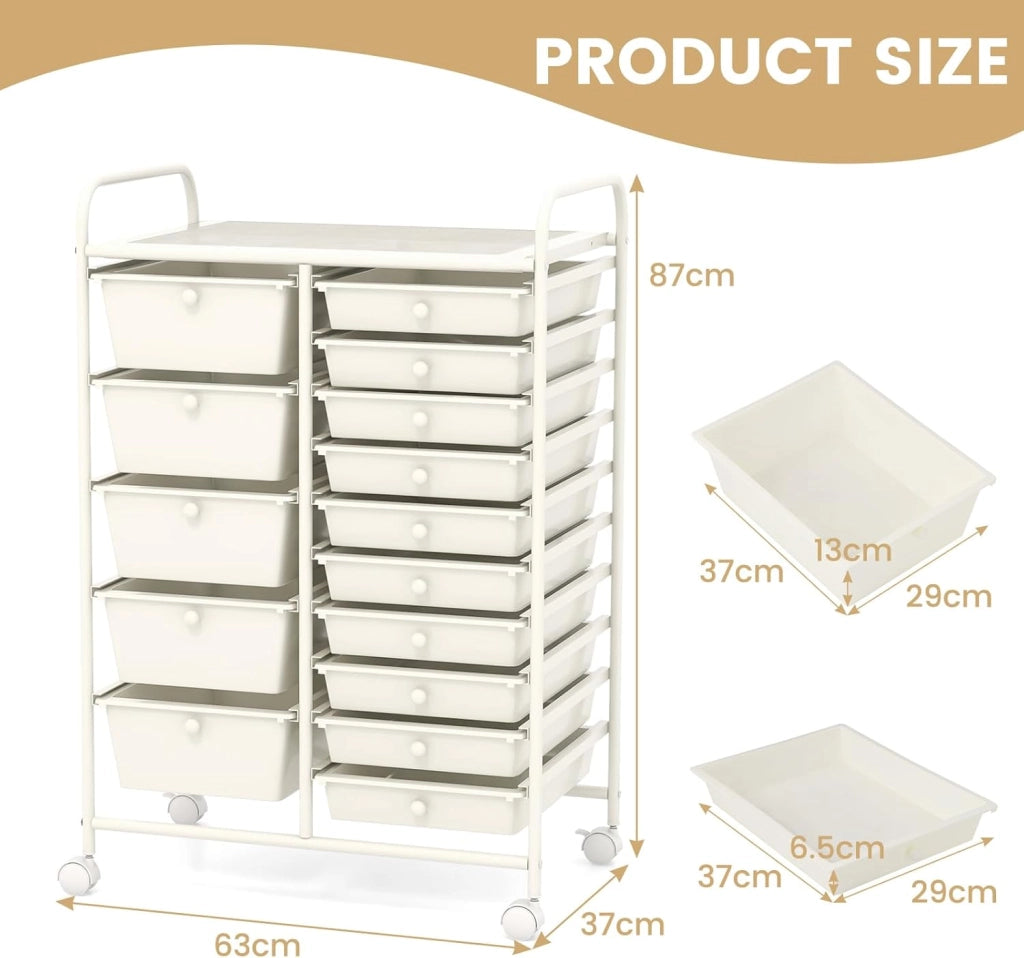 Carrelli Porta Oggetti, con 10+5 Cassetti Impilabili, 2 Ruote Bloccabili, Braccioli Metallici, Portabile e Pratico, per Ufficio, Studio, Cucina,Bagno, 5 Colori Disponibili, 62,5x37x87 cm
