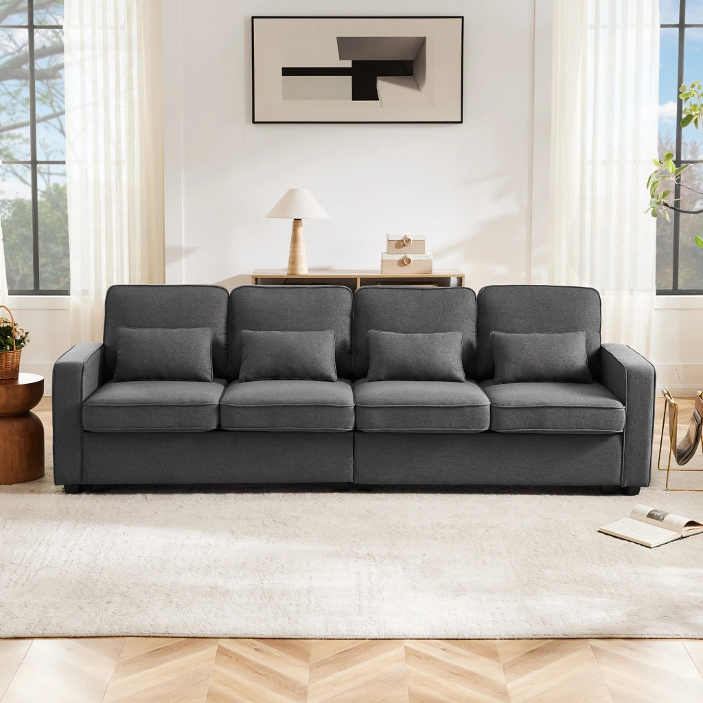 SOFA 4 Posti 264x83x87 cm Tessuto in lino Grigio scuro con 4 cuscini