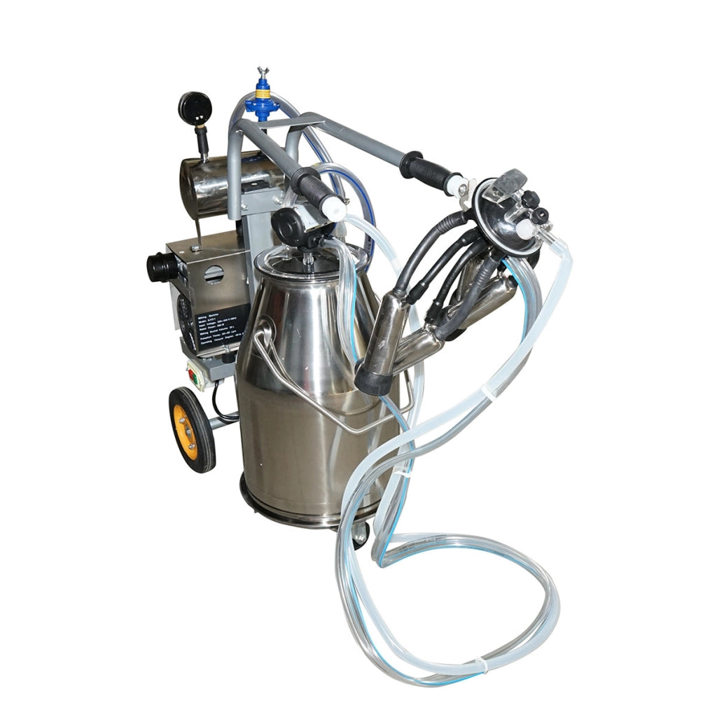 Dispositivo per mungitura di mucche, 1 postazione, 650W, bidone in acciaio inox da 25L, gruppo di mungitura con 4 manicotti, pressione del vuoto 45-50 kPa, pulsazioni 60-80 cpm