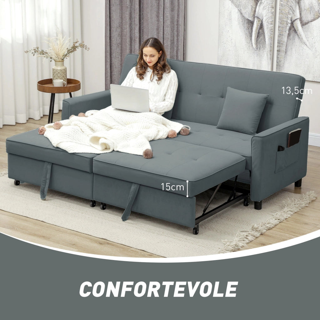 Divano Letto 3 Posti Clic Clac 196x90x89 cm con Schienale Reclinabile e 2 Cuscini Grigio