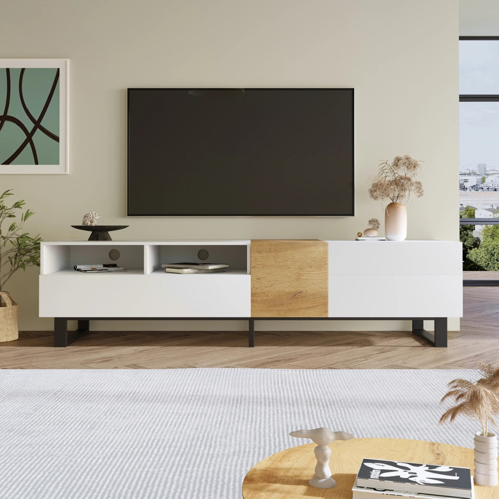 Mobile TV moderno in bianco e legno - Zephmum- 180x50x38 cm design minimalista