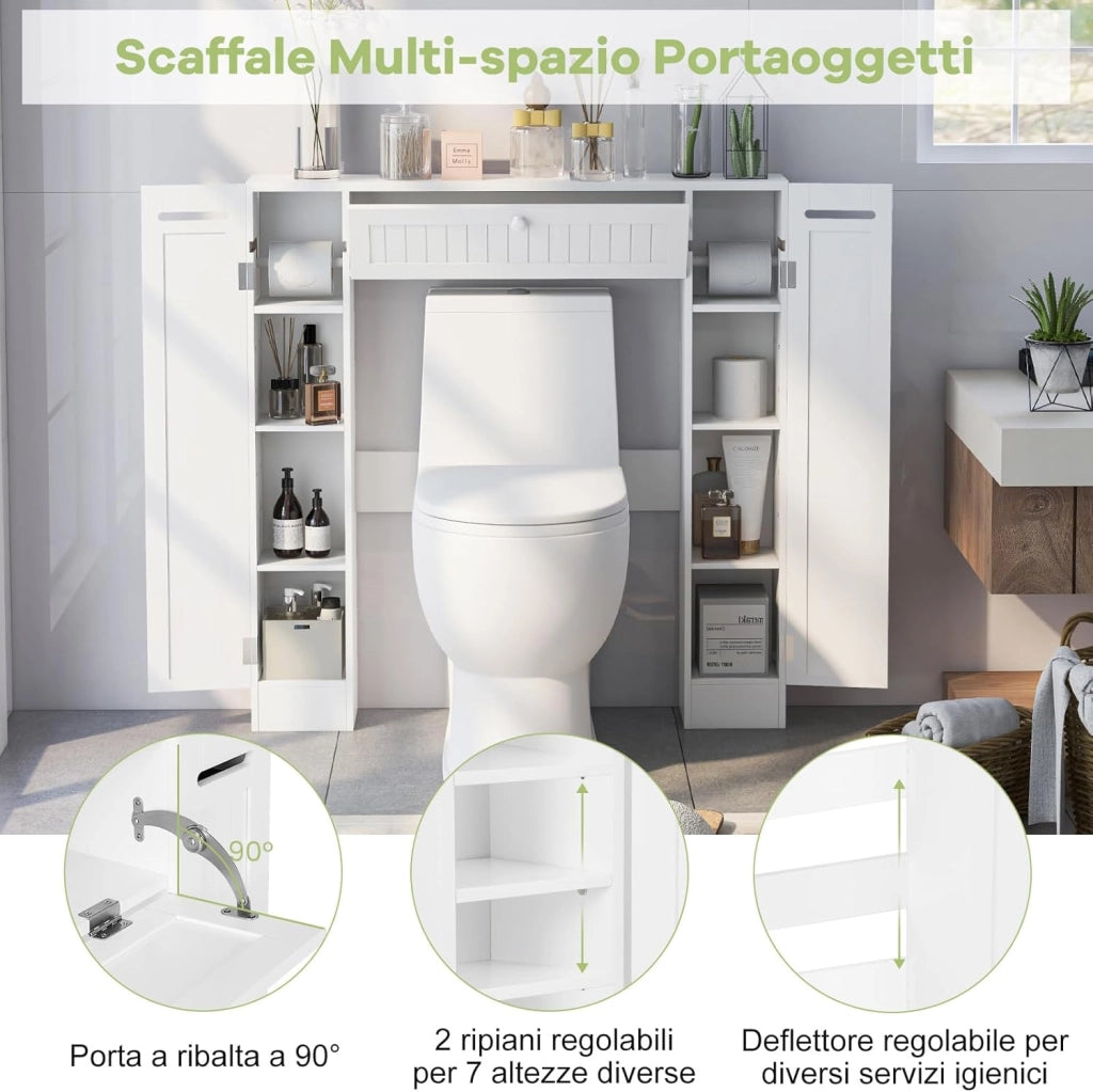 Mobile Sopra WC, Mobile per Bagno con Ripiani Regolabili Portarotolo per Carta Igienica e Anta Ribaltabile, Ideale per Bagno Lavanderia, 89x19,5x99 cm