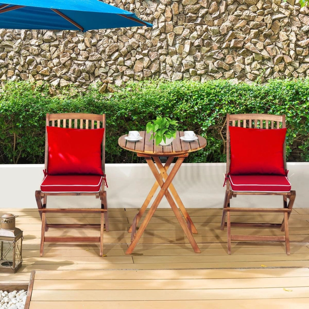 Set di Tavolo e 2 Sedie Pieghevoli in Legno d'Acacia con 2 Cuscini Imbottiti Removibili, Per Esterno, Patio, Giardino e Balcone (Rosso)