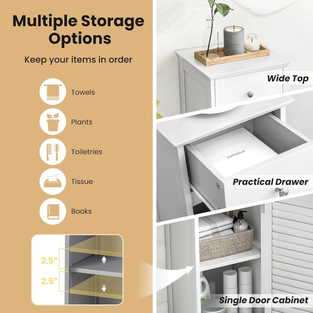 Armadietto portaoggetti da pavimento per bagno, autoportante, con 1 anta, 1 cassetto e ripiano regolabile a 3 altezze, armadio sottile, organizer per camera da letto, soggiorno, corridoio