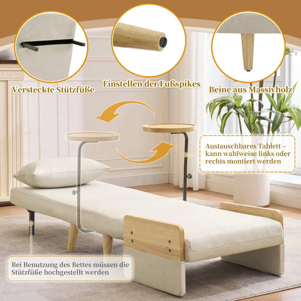 Poltrona letto 3 in 1 beige con vassoio girevole