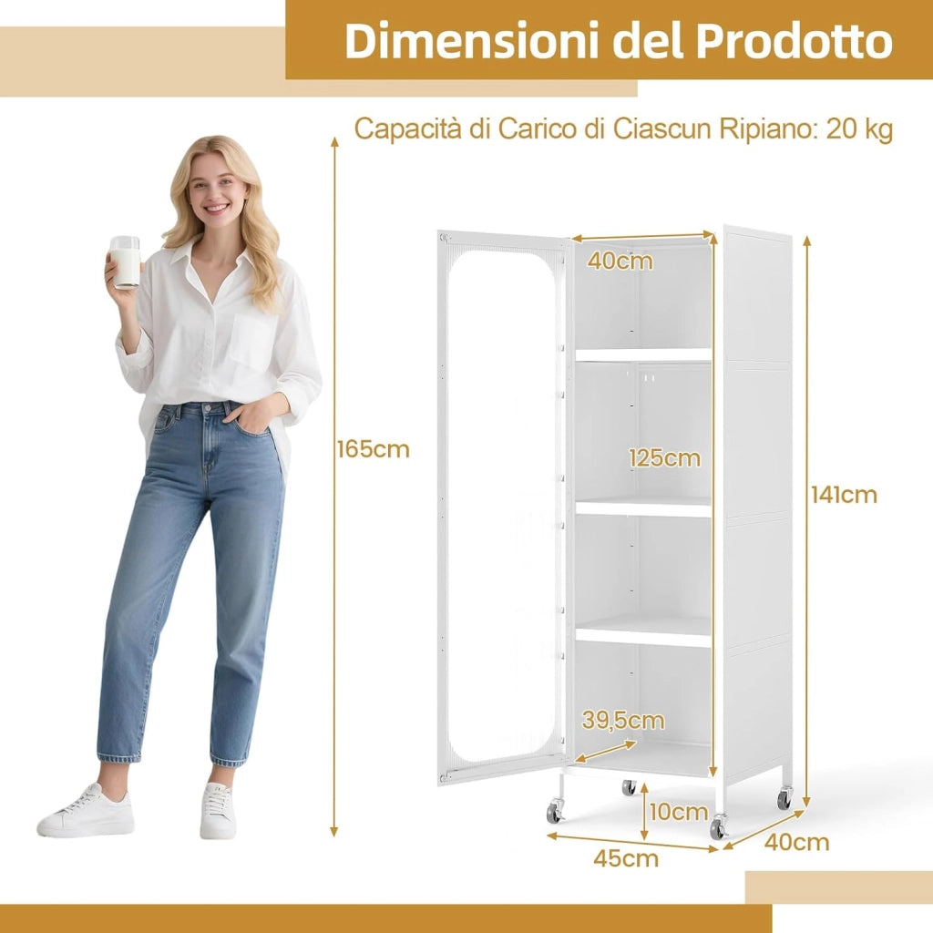 Mobile da Cucina in Metallo a 5 Ripiani, Credenza Salvaspazio con Mensole Regolabili 4 Ruote, Base Intercambiabile e Porta Semitrasparente, Organizzatore per Sala da Pranzo, Soggiorno (Bianco)