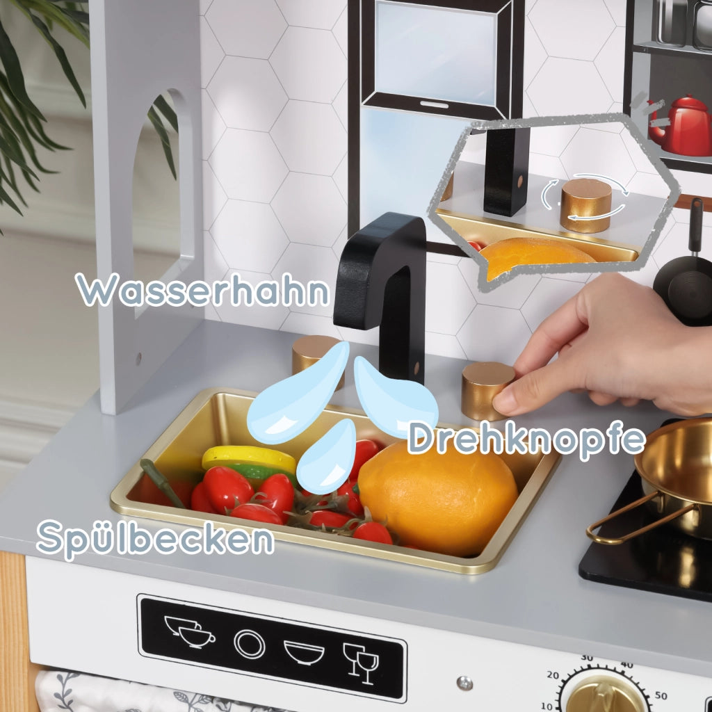 Cucina giocattolo per bambini con rubinetto, fornello, lavello, armadietto e spazio in MDF grigio 28.5 × 60 × 92 cm