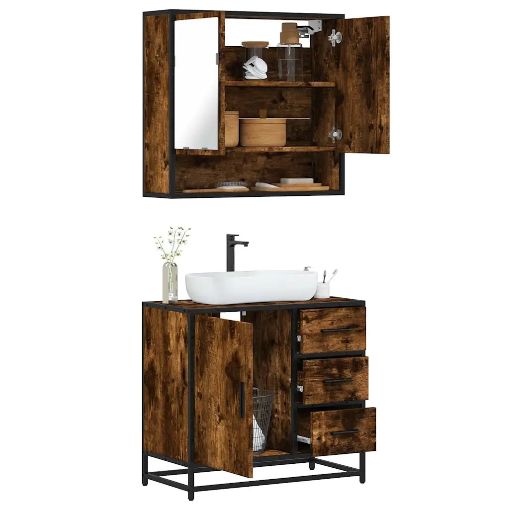 Set Mobili da Bagno | Armadio da bagno 2 pz Rovere Fumo in Legno Multistrato