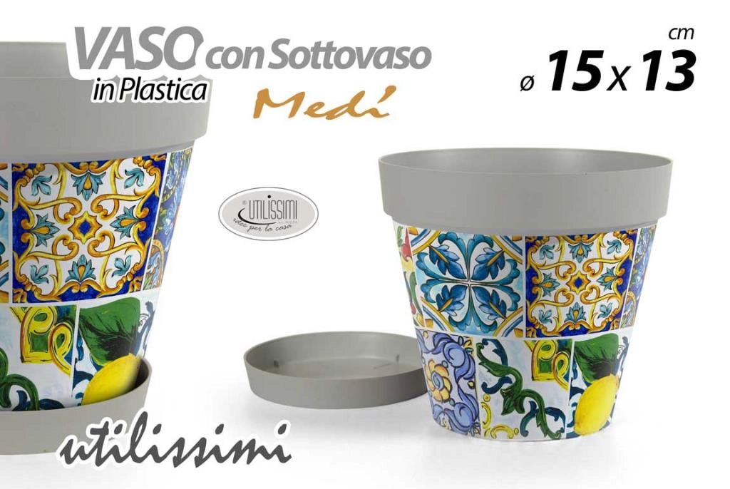 Vaso da Giardino con Sottovaso in Plastica Decoro Medì 15 x 13 cm