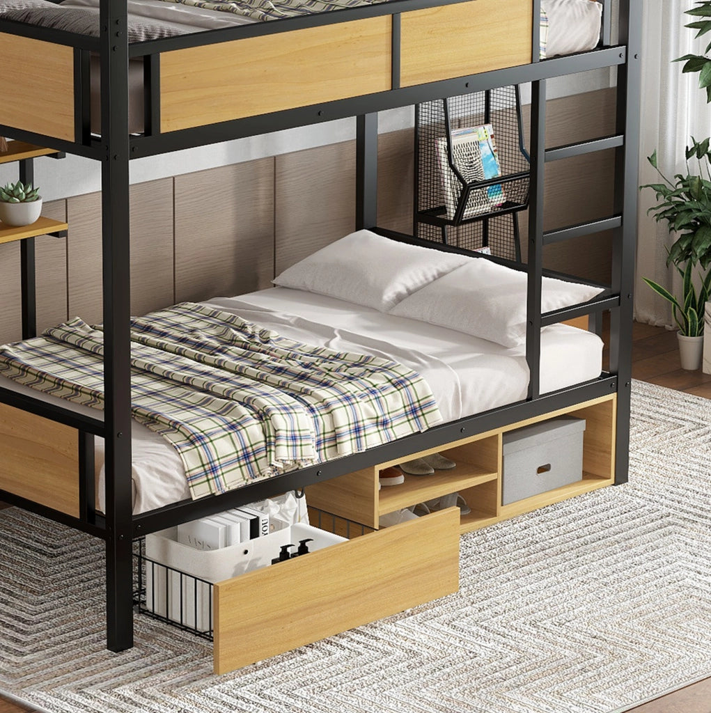 Letto a castello in metallo e MDF con vani contenitore e scaffali laterali
