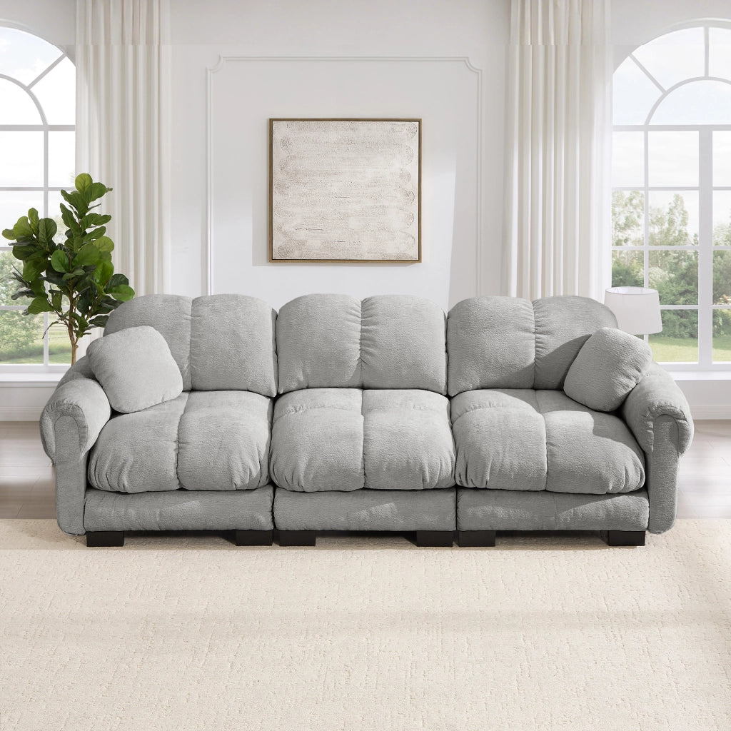 Canapé modulare con seduta imbottita e cuscino decorativo in tessuto chenille grigio chiaro 260 × 86 × 90 cm