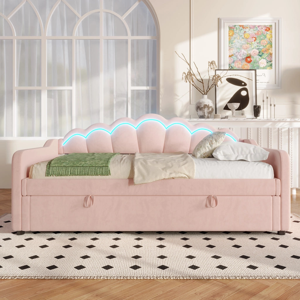 OKWISH Letto Divano 90×200 cm, Letto Singolo con Contenitore, LED Multicolore e Telecomando, senza Materasso, in Velluto, Rosa
