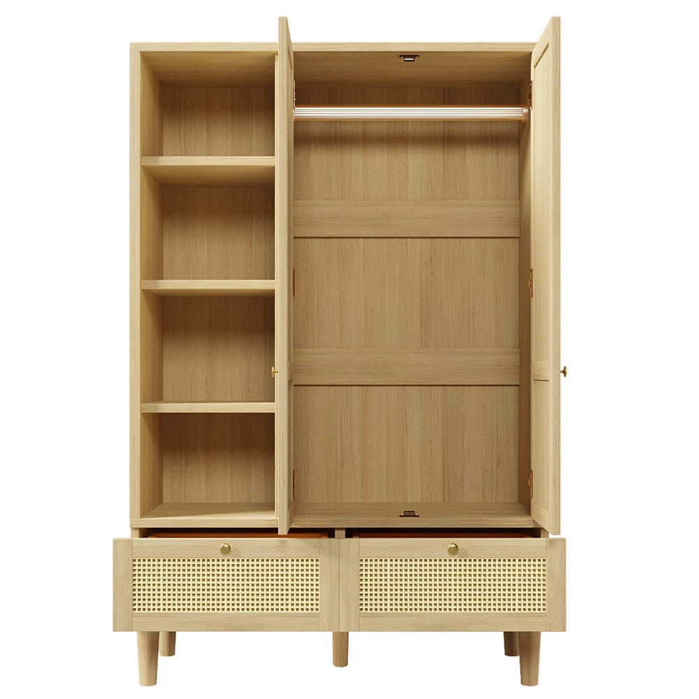 Armadio guardaroba con 2 ante e intreccio in rattan - Xylo - Stile cottage aspetto quercia, 2 cassetti, antiribaltamento, 180x120x50 cm