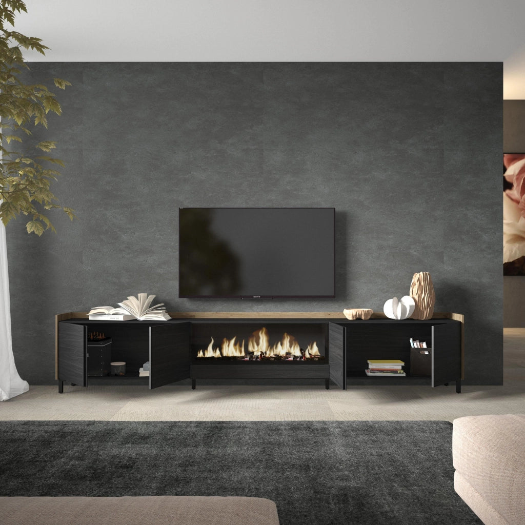 Mobile TV Soggiorno, 315x61x35 cm, Per TV fino a 80", Camino elettrico XXL, Design industriale, Nero e rovere