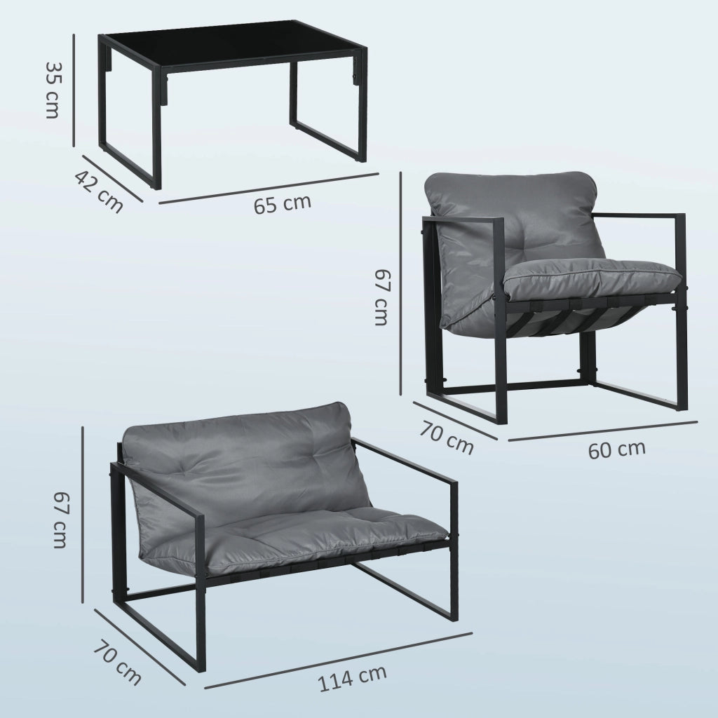 Set da Giardino 4 Pezzi con Divanetto, 2 Poltrone e Tavolino, in Acciaio, Poliestere e Cotone PP, Nero e Grigio