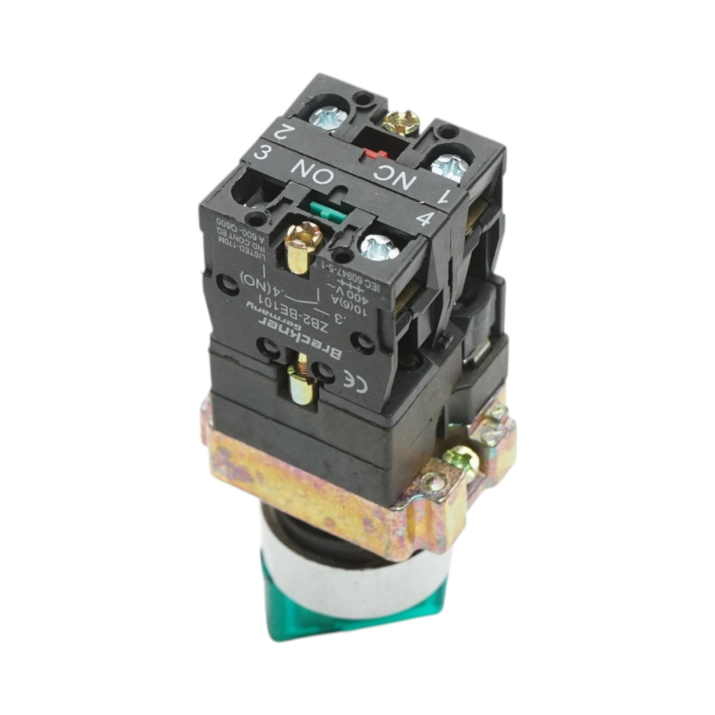 Selettore a 2 posizioni con blocco e indicatore di segnalazione LED verde 1NO+1NC, 24V, LAY5 Breckner Germany
