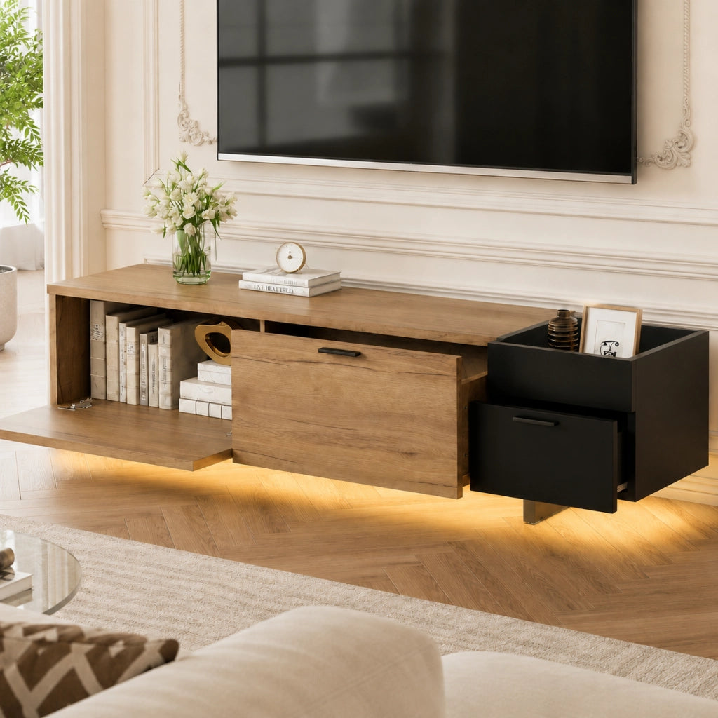 Mobile TV moderno in legno naturale e nero con ripiani aperti e cassetti, 180 cm