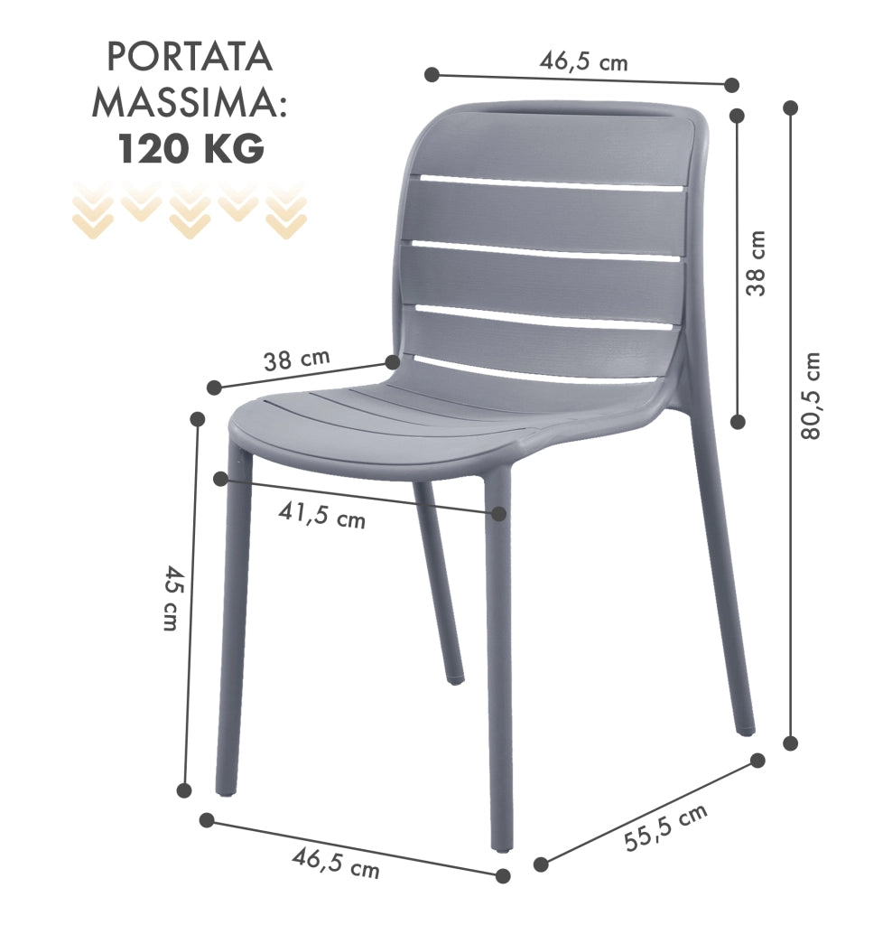 Set 4 Sedie In Polipropilene e Fibra Di Vetro Sedia Cucina Trattamento Uv Antiscolorimento Giardino Interno Esterno Moderne Robuste Resistenti Seduta Terrazzo Soggiorno Bar Ristorante Impilabili Iris-Grigio