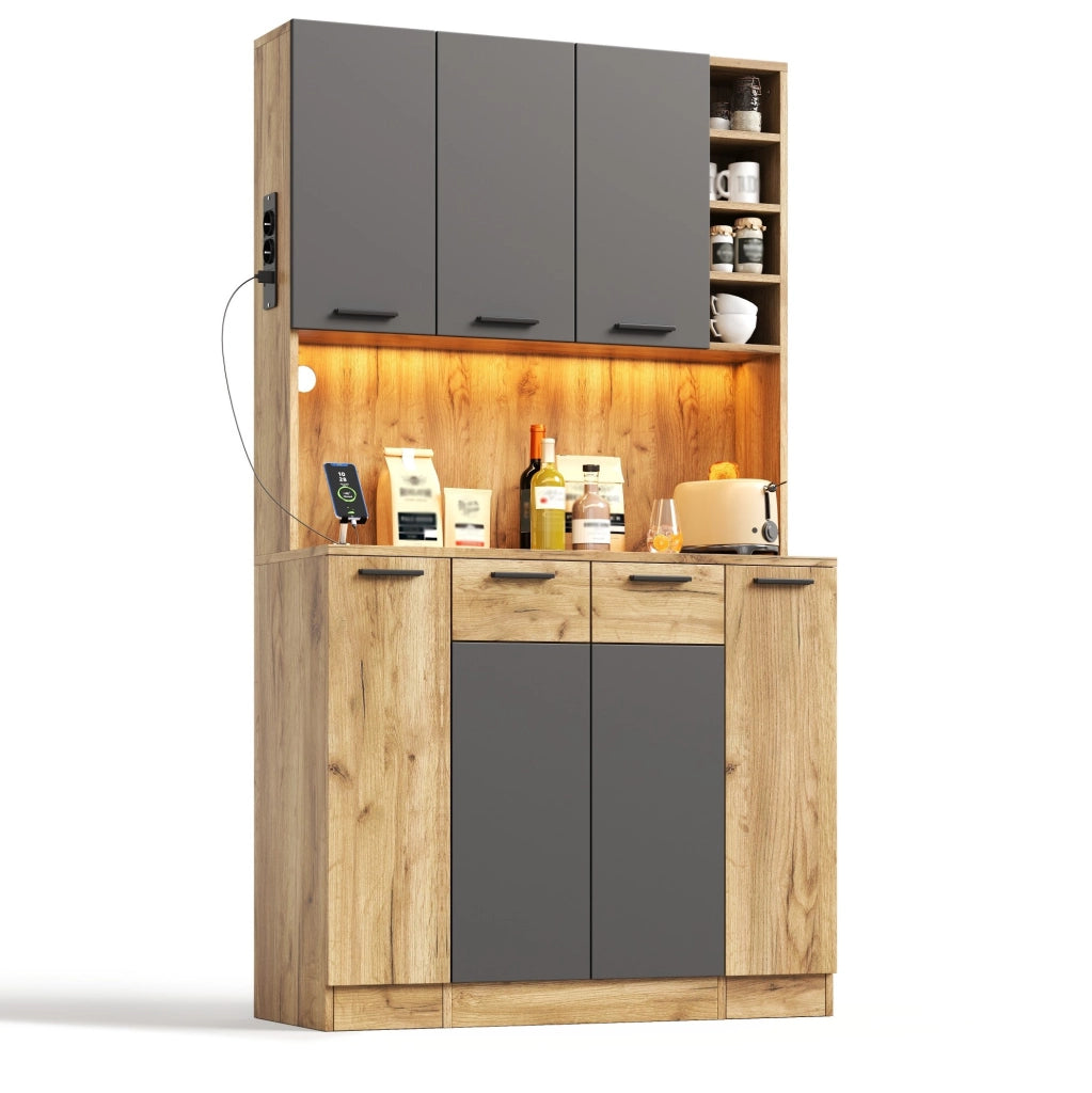 Credenza cucina multifunzione 100x40x180 cm in MDF nero e naturale con LED; prese e ripiani regolabili