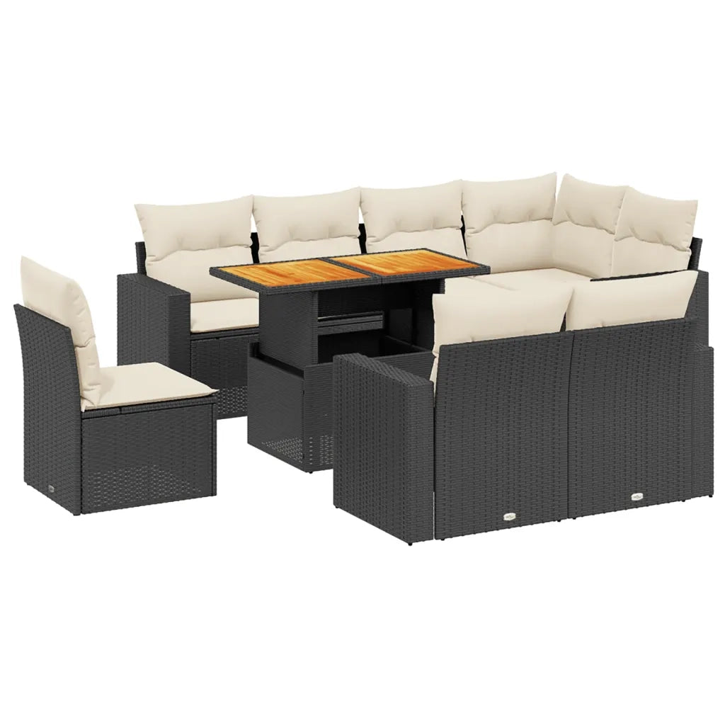 Set Divani da Giardino 9 pz con Cuscini Nero in Polyrattan