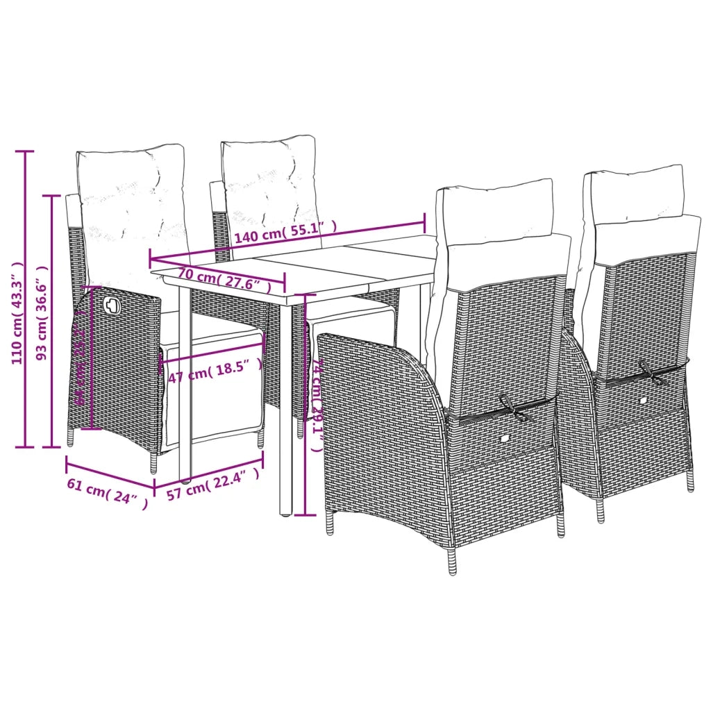 Set da Pranzo da Giardino 5 pz con Cuscini Beige in Polyrattan