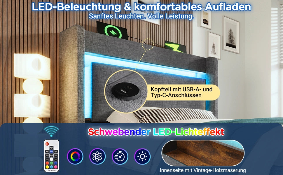 Letto Imbottito con Contenitore Idraulico, LED, USB, Testiera ¨C MINIMAL ¨C Grigio Lino 90x200 con Materasso