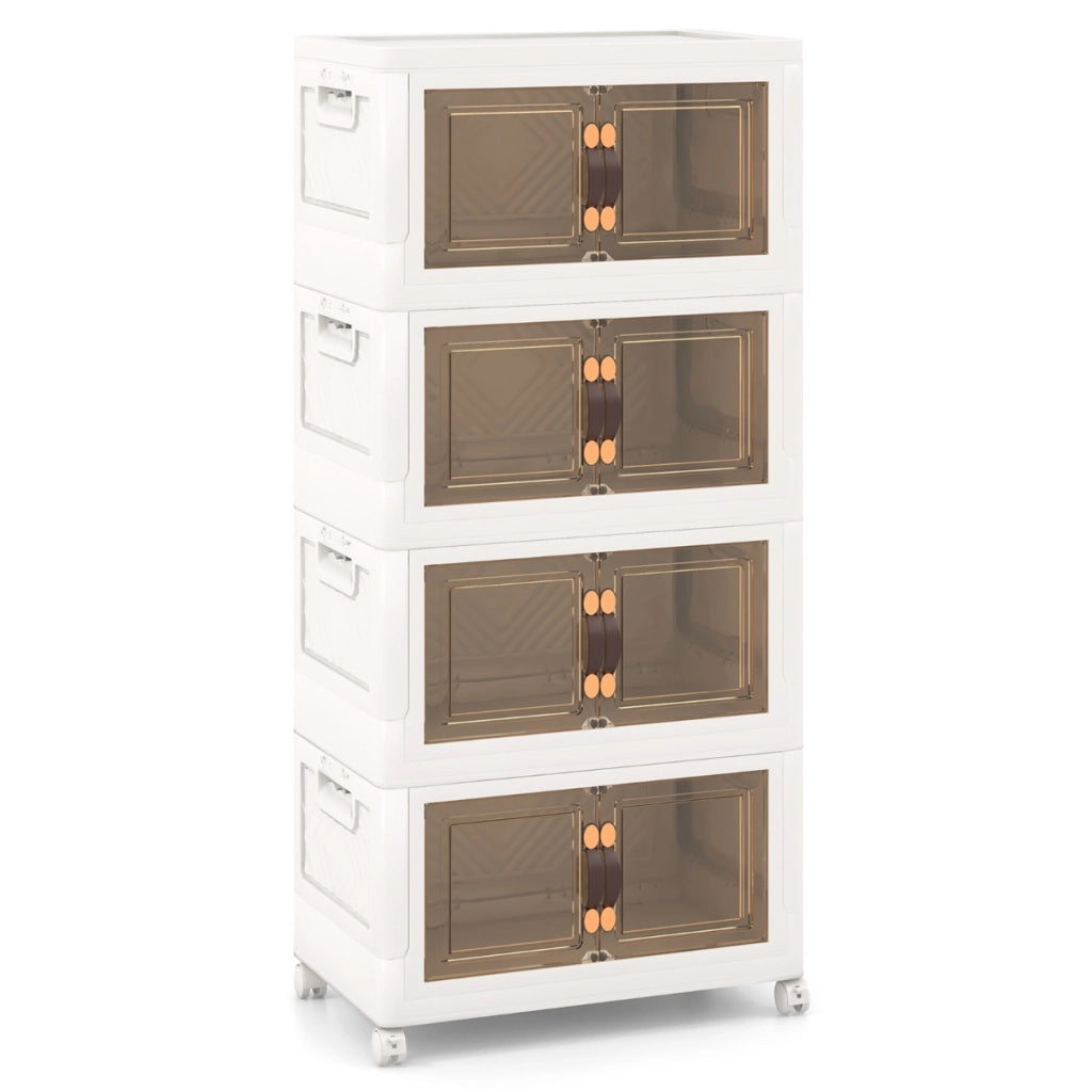 Set di contenitori impilabili con ruote bloccabili, Mobile in PP pieghevole con coperchi Bianco 49,5x31,5x112,5cm-Cassettiere