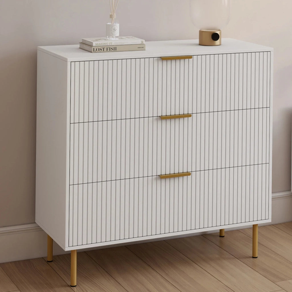 IDMarket - MARCEL Cassettone a 3 cassetti da 80 cm con doghe bianche e oro